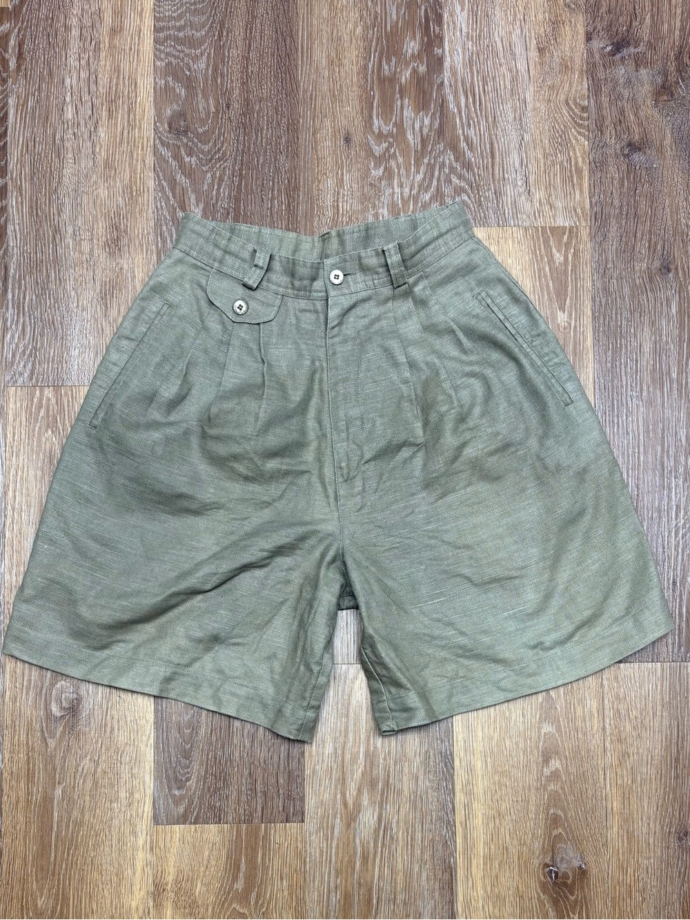 Men's Olive Flat Front Linen-Blend Shorts
